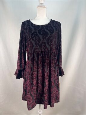 Uncle Frank Burgundy Black Velvet Burnout Damask Boho Babydoll Dress L NWT